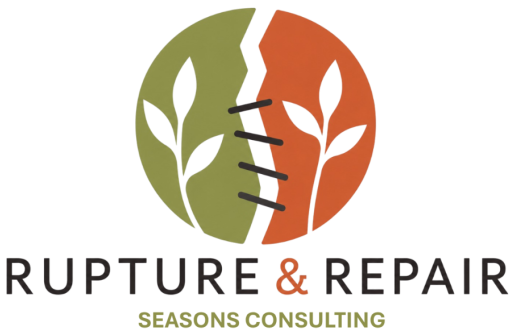 Seasons Consulting “Rupture & Repair” logo featuring two leaf shapes connected by stitches, symbolising repair and reconnection.