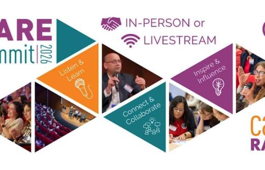 A graphic with white background showing orange, teal and purple colour triangles with photos people at an event and the heading RAREsummit26