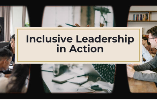 A series of 3 photos set in an old fashioned camera reel, with different groups of people collaborating in a work setting. Overlaid with a pale gold rectangular box containing the words inclusive leadership in action.