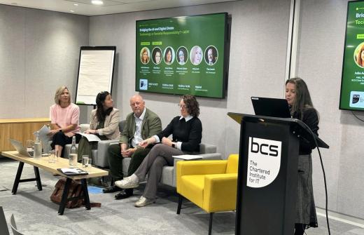 Tim and other members of the panel sit side by side, Amy Low CPACC FRSA, Dr Lucy Caton and Melanie Calver.