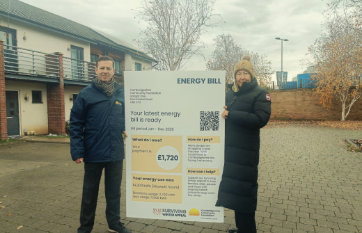 Huge heating bills shouldn’t leave anyone out in the cold. Cambridgeshire Community Foundation’s CEO Michael O’Toole and President Julie Spence OBE QPM CStJ in Peterborough for the launch of the Surviving Winter Appeal
