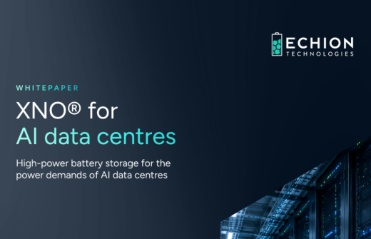 White paper cover slide for Echion Technologies titled “XNOR® for AI data centres”, with the subtitle “High-power battery storage for the power demands of AI data centres.” The Echion Technologies logo appears in the upper-right corner. The background is dark blue, with a photograph of a modern data centre/server room in the lower-right corner, featuring rows of illuminated server racks.