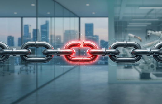 Graphic of a glowing red broken link representing a single point of failure and founder dependency in business operations.