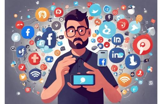 This is a colourful, artistic illustration depicting a man holding a smartphone, surrounded by a chaotic explosion of social media icons. The man looks confused and overwhelmed, conveying the complexity and stress of navigating the social media landscape. 