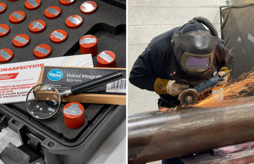 Sonaspection NDT samples and a man using an angle grinder on a large metal pipe