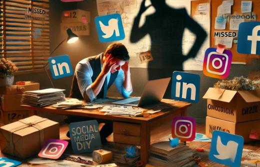 A stressed business owner in a cluttered home office, overwhelmed by DIY social media tasks, surrounded by social media icons and scattered papers, with a shadowy figure labeled 'Missed Opportunities' in the background.
