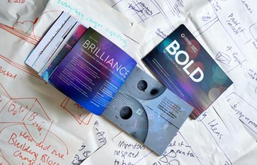 Brochure pages on a background of workshop notes