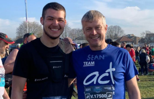Photo of Sean with his godson Max - in this year's Cambridge Half Marathon and ahead of their 'Swavesey to Spurs SIXTY Miler'