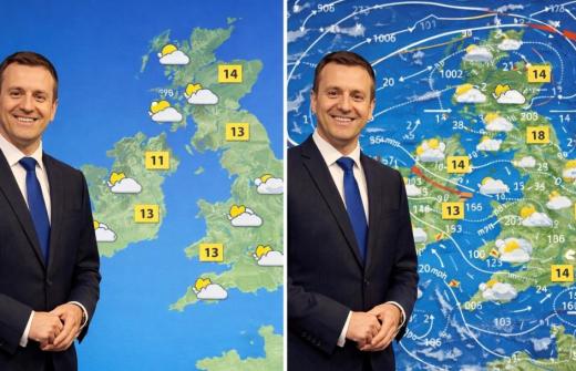 Two TV weather maps. The first is simple, with just sunshine and temperature symbols. The second is a mess, full of clouds and sun, lines to denote pressure and wind movements and temperature symbols.