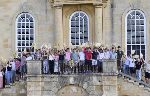Pupils celebrating in front of Kimbolton School, Cambridgeshire