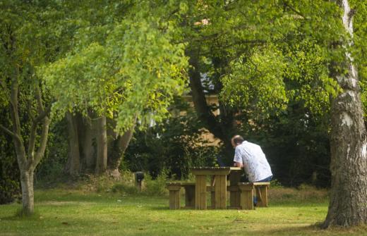 A man is sitting at a picnic bench under some lush green trees with a laptop open on the table in front of him 