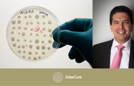 Petri dish and Dr Sam Bakri, Executive Chairman and CEO of biotech start-up, SolasCure 