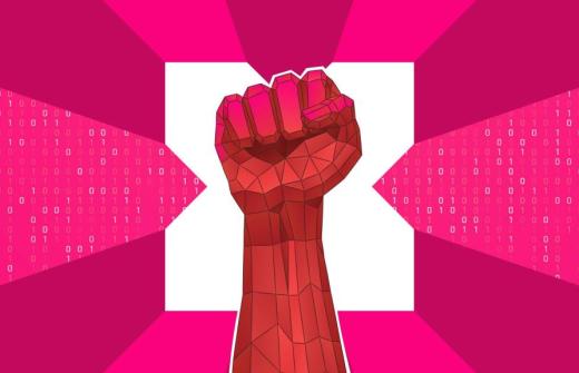 A large X against a background with a geometric raised fist