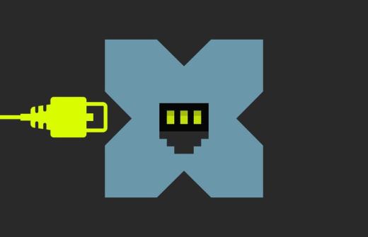 A cable plugs into a stylised 'X' symbol