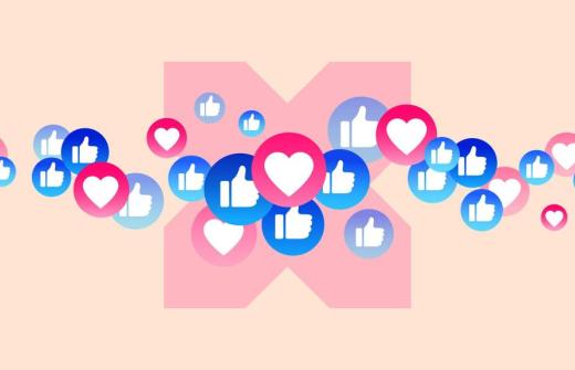 A stylised X in the background with 'like' symbols flowing past it
