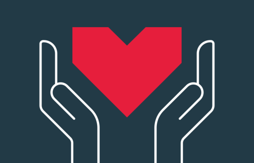 Two white outlined hands cupped upwards, surrounding a bold red heart shape, set against a dark blue background — symbolising care, support, and compassion.