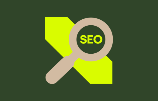 A magnifying glass icon with the word "SEO" inside it, placed over a bright yellow diagonal shape on a dark green background — representing search engine optimisation and digital visibility.