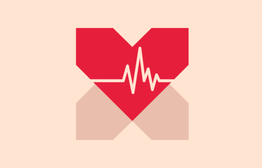A red heart with a cream-colored heartbeat line running through it, layered above the shape of an envelope, all set against a soft beige background — symbolising the connection between email communication and wellbeing or vital signs.