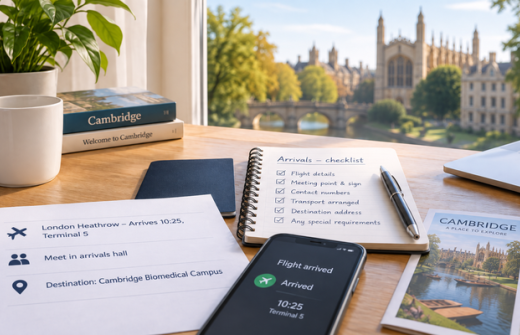 Travel planning desk with airport arrival details, a visitor checklist and a view of Cambridge.