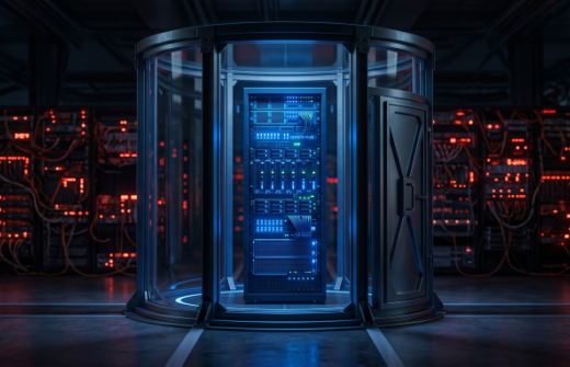 A high-tech 3D rendering of a single, high-performance server rack emitting a stable blue light, securely isolated inside a cylindrical glass vault. In the dark, out-of-focus background, chaotic server nodes with tangled wires and red warning lights represent the vulnerabilities of commoditized shared web hosting.