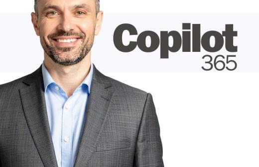 Smiling business professional in a grey suit against a light background, alongside the text “Copilot 365” and the Computer Tutoring branding with the tagline “enjoy learning!”