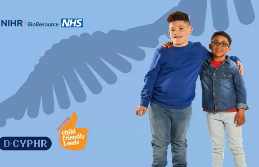 Blue graphic with two children standing wearing dark blue tops, smiling at the camera with their arms on each other's shoulders. D-CYPHR logo and child friendly Leeds logo is on the left-hand side of the image near the bottom. The NIHR BioResource and NHS logos sit at the top on the lefthand side.
