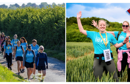 picture on left, group of walkers, picture on right, group of four waving their arms