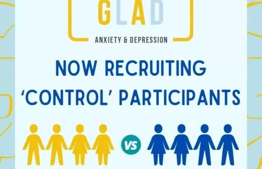 GLAD logo showing 8 silhouettes, 4 yellow, 4 blue with the words "Now Recruiting Control Participants"