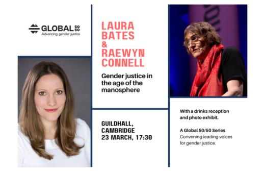 Event poster for 'gender justice in the age of the manosphere' featuring Laura Bates and Raewyn Connell on 23 March 2026, at the Guildhall, Cambridge.