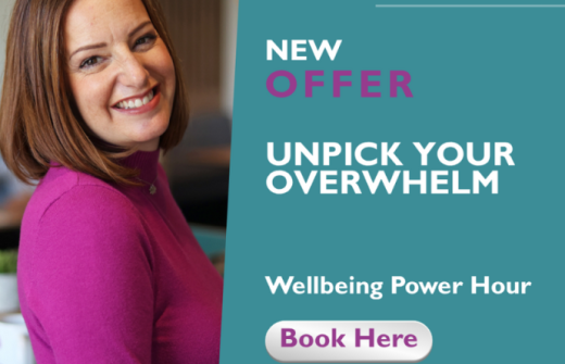 Photo of claire harris and poster showing the new offer, unpick your overwhelm. Wellbeing power hour