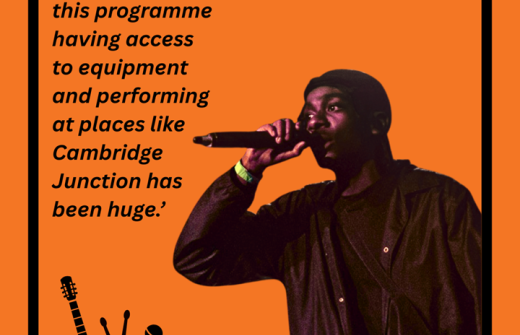 Orange kit bank poster with man and microphone and quote