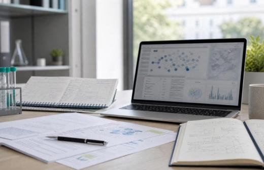a desk with laptop and paper