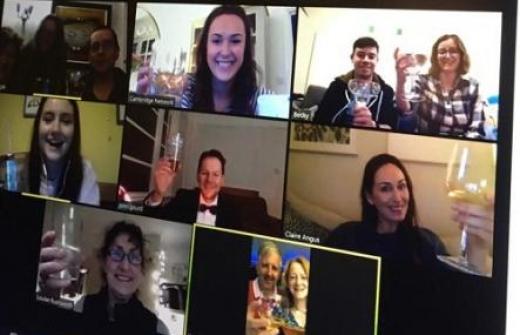 The Cambridge Network team enjoys an online drinks party during lockdown