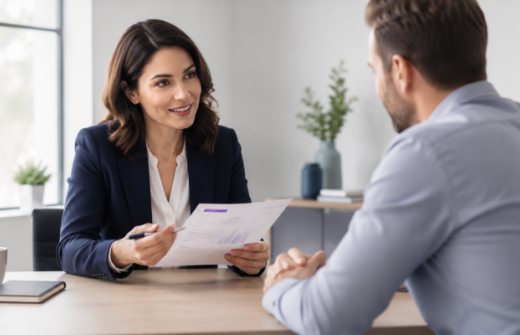 Agency recruiter sharing a structured interview evidence report with a client during a meeting, representing clearer candidate recommendations and client trust.