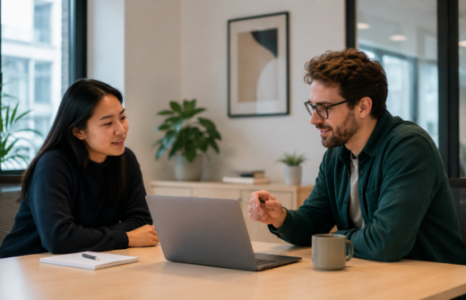 Engineer and interviewer discussing a technical task at a laptop, representing practical technical interviews that test real work rather than abstract coding puzzles.