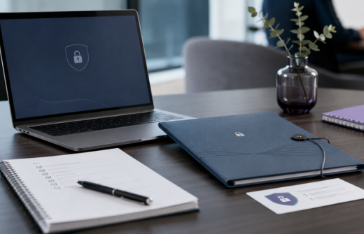 Secure laptop, locked document folder and interview notes on a modern desk, representing candidate data trust and responsible interview evidence. 