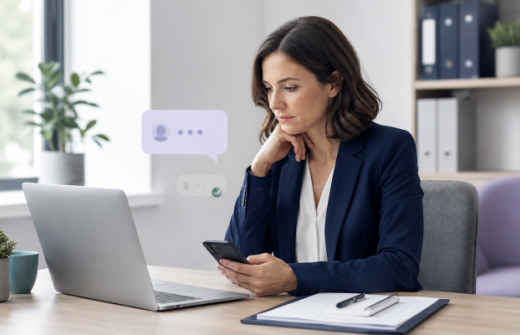 Alt text: Recruiter waiting for a candidate response on her phone, representing candidate ghosting, delayed communication and the need for clearer interview follow-up.