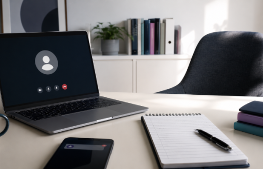 Empty interview chair beside a laptop video call, with a notebook and phone notification representing candidate ghosting and structured interview follow-up.
