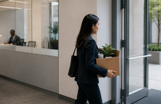 Employee leaving an office with a cardboard box, representing how enterprise internal mobility friction can push good people to leave rather than move within the company.
