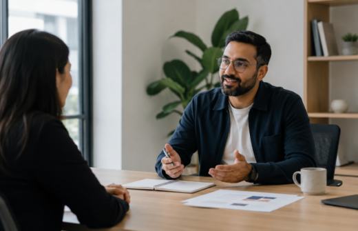 Startup founder discussing role expectations and impact with a candidate, representing why strong candidates need clarity on contribution as well as compensation.