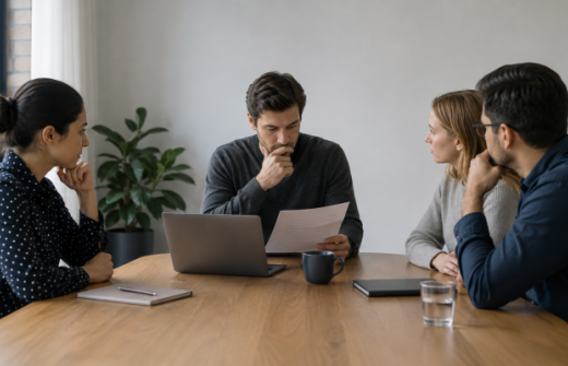 Founder reviewing hiring evidence with a small team, representing the need to move from founder-dependent interviews to a structured hiring process.