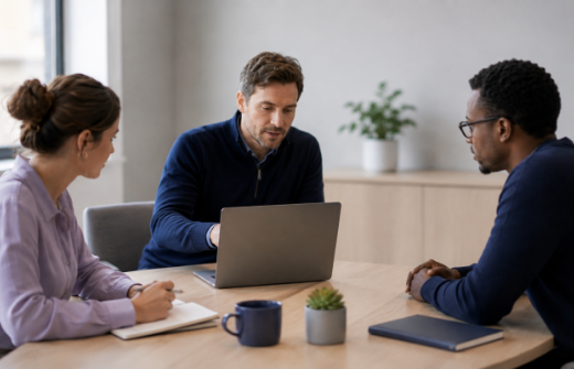 Founder showing a laptop to a small team during a hiring discussion, representing the shift from founder instinct to structured interview evidence.
