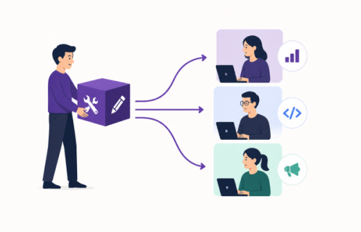 Generalist founder handing work to specialist team members, representing how startups move from broad early execution to specialist depth as they scale.