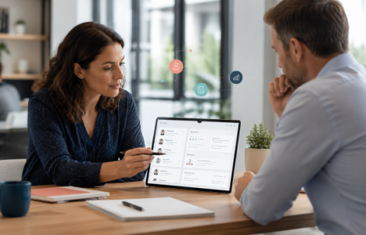 Recruiter discussing AI-supported interview evidence with a hiring manager, representing how AI can speed up recruitment while structured interviews and human judgement remain central.