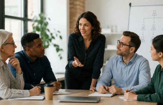 Middle manager leading a team meeting, representing the need for scale-ups to add management structure before founders become the bottleneck.