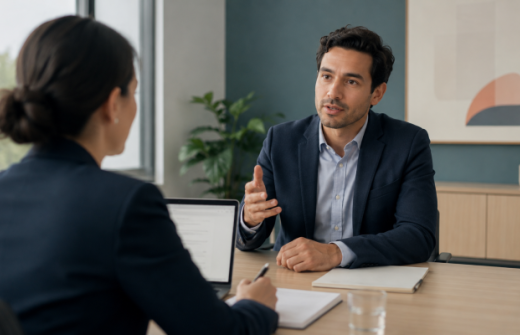 Candidate answering a structured interview question while the interviewer takes notes, representing how candidates can show clear evidence of impact, judgement and contribution.