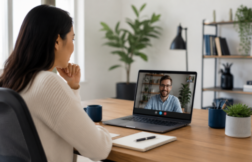 Hiring manager conducting a remote video interview from a home office, representing how remote-first startups need structured interviews and clearer evidence from every conversation.