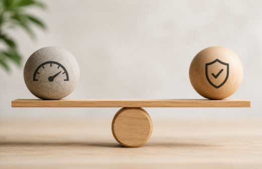 Minimal balance scale showing speed and confidence, representing the need for startups to hire quickly without weakening interview evidence.