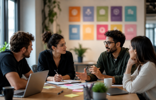 Startup team having a focused discussion, representing how real company culture is shown through behaviour, decisions and hiring standards rather than generic values.