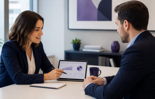 Alt text: Agency recruiter sharing a simple hiring report with a client, representing recurring recruitment value, clearer evidence and stronger client trust.